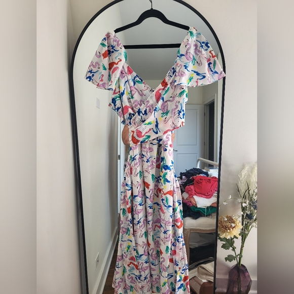 NWT Tanya Taylor Plus-Size Silk Flamingo print Teigan Midi Dress - Picture 2 of 12